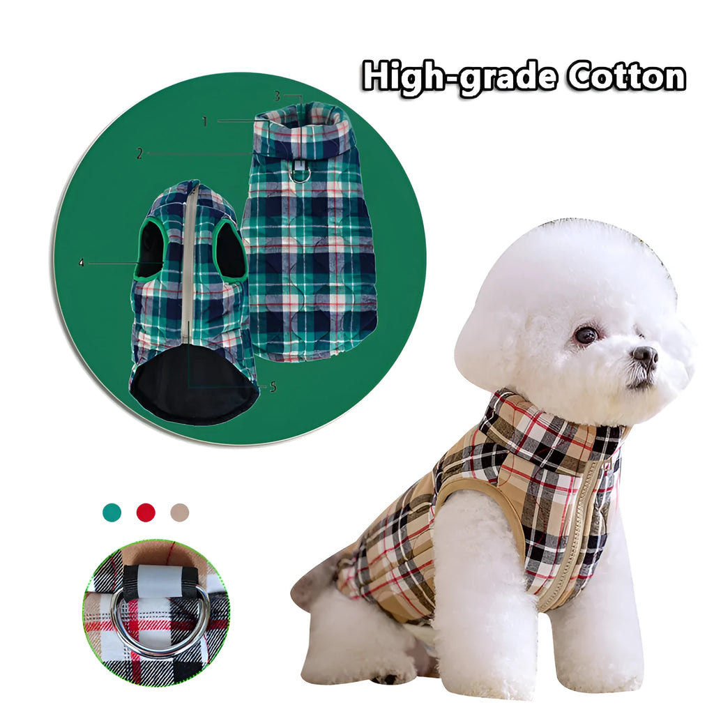 Winter pet dog jacket heavy cotton plaid with reflective webbing, green colour, on a small dog