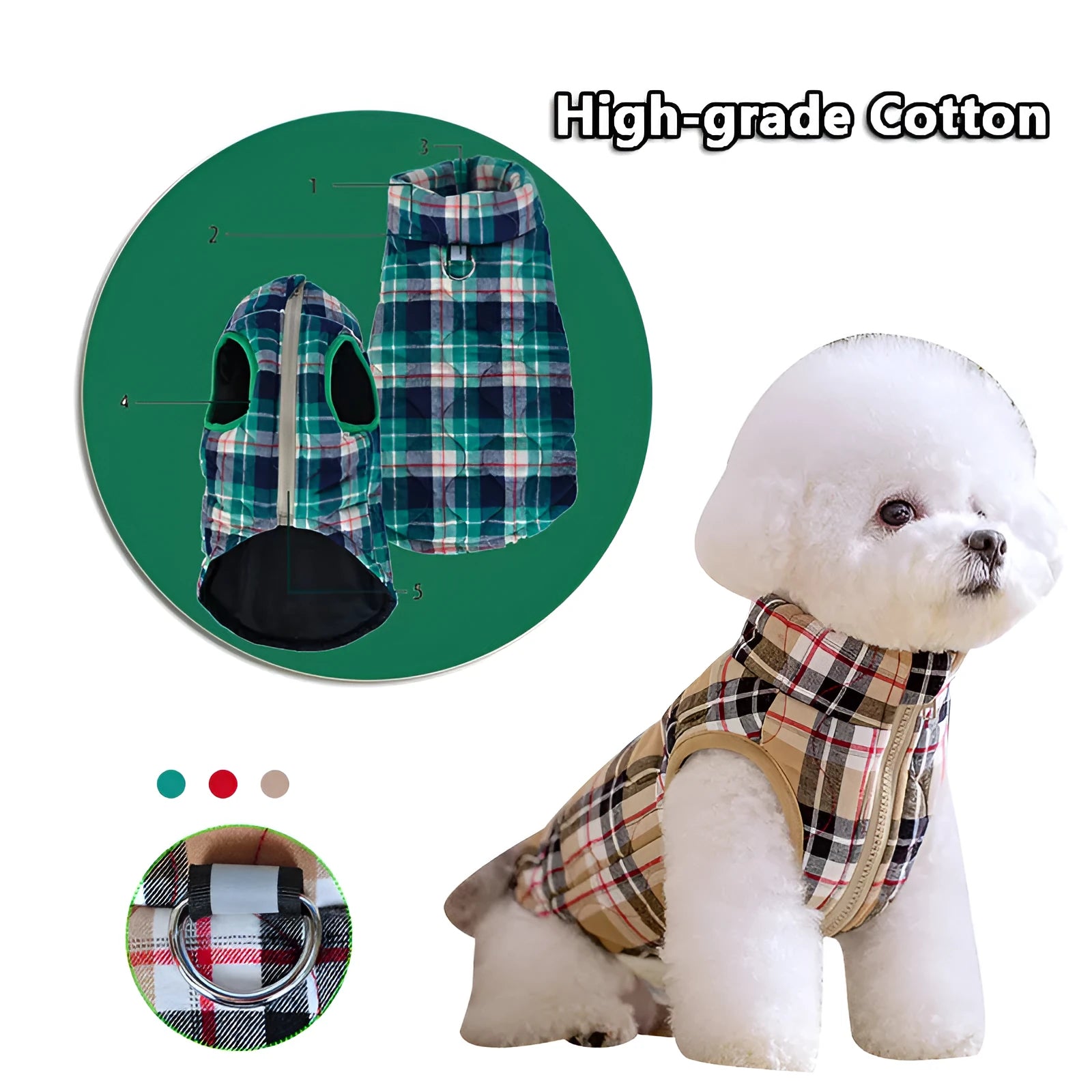 Winter pet dog jacket heavy cotton plaid with reflective webbing, green colour, on a small dog