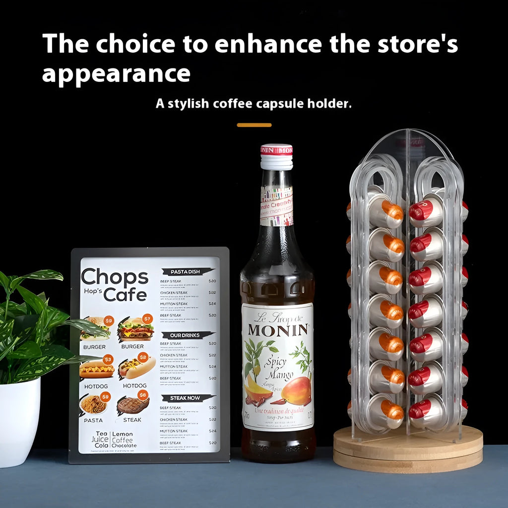 Acrylic rotatable coffee capsule storage rack in solid colour with capsules on a modern kitchen counter
