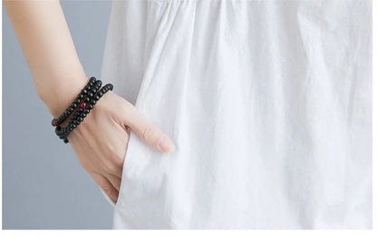 Literary loose plain cotton and linen stand collar short sleeves dress in black and white