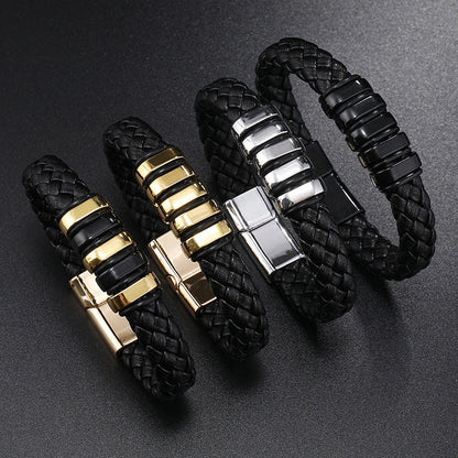 Multi-layer leather woven bracelet wrist ring in black, gold, white, and black and golden
