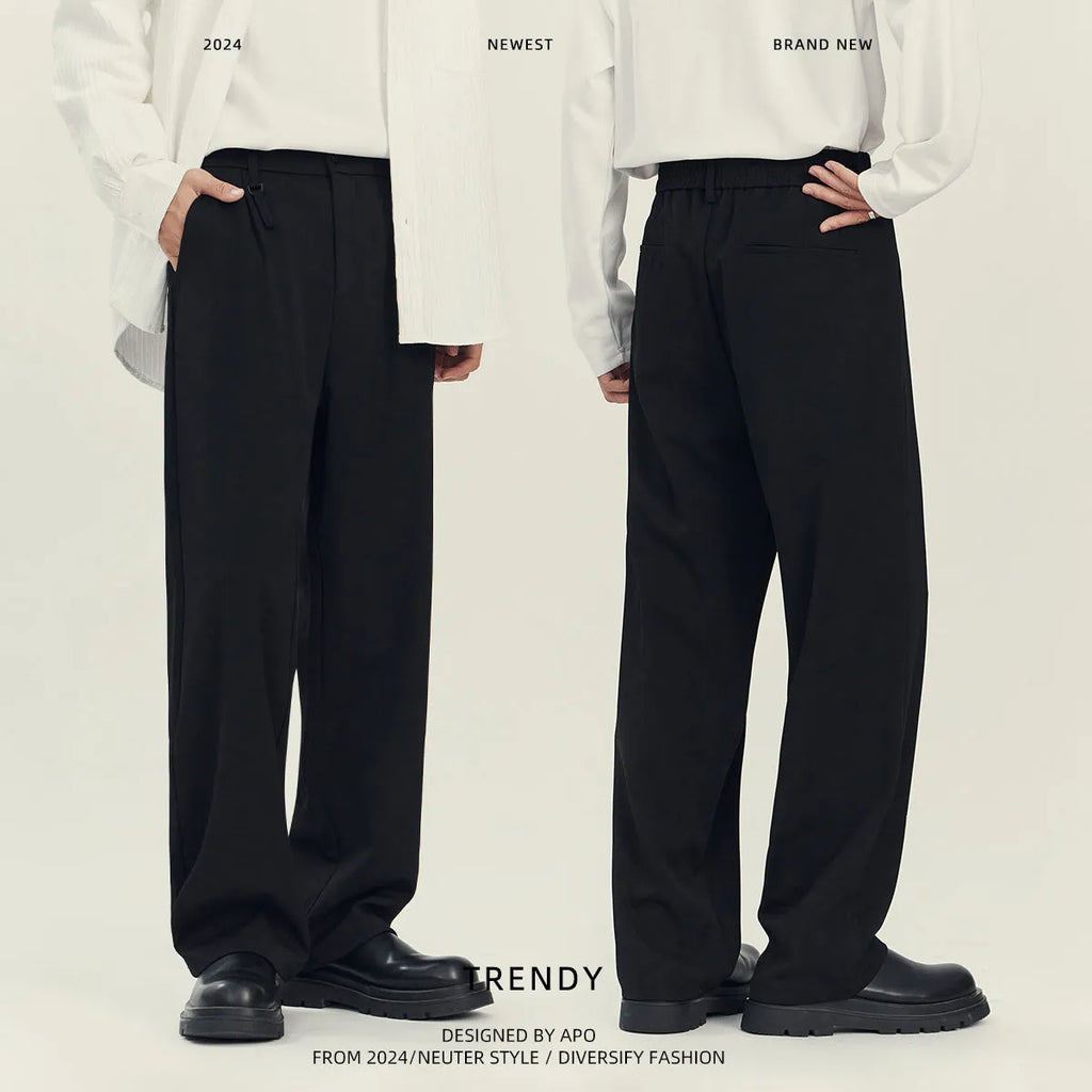 Men's black straight-leg business casual trousers with loose fit and Asian sizing