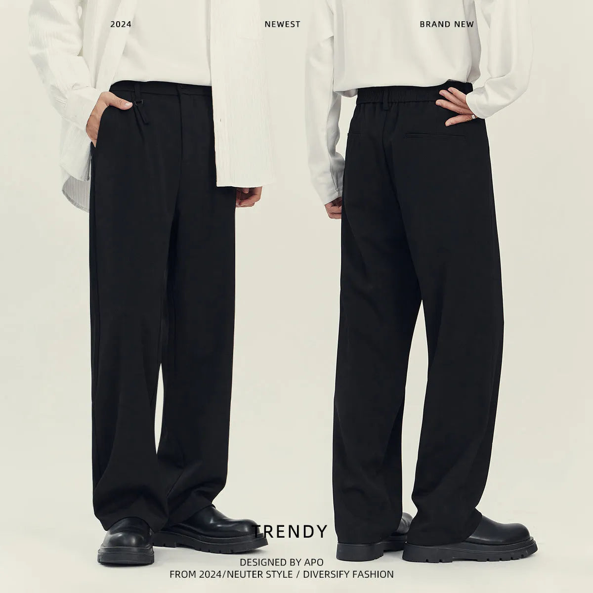 Men's black straight-leg business casual trousers with loose fit and Asian sizing
