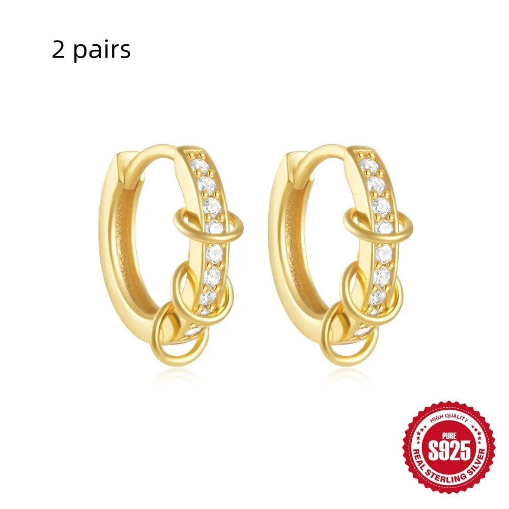 Sterling silver geometric diamond stud earrings with circular design in gold or silver electroplated finish