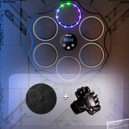 Smart Bluetooth boxing target with coloured LED lights on black PU surface, wall-mounted fitness training equipment