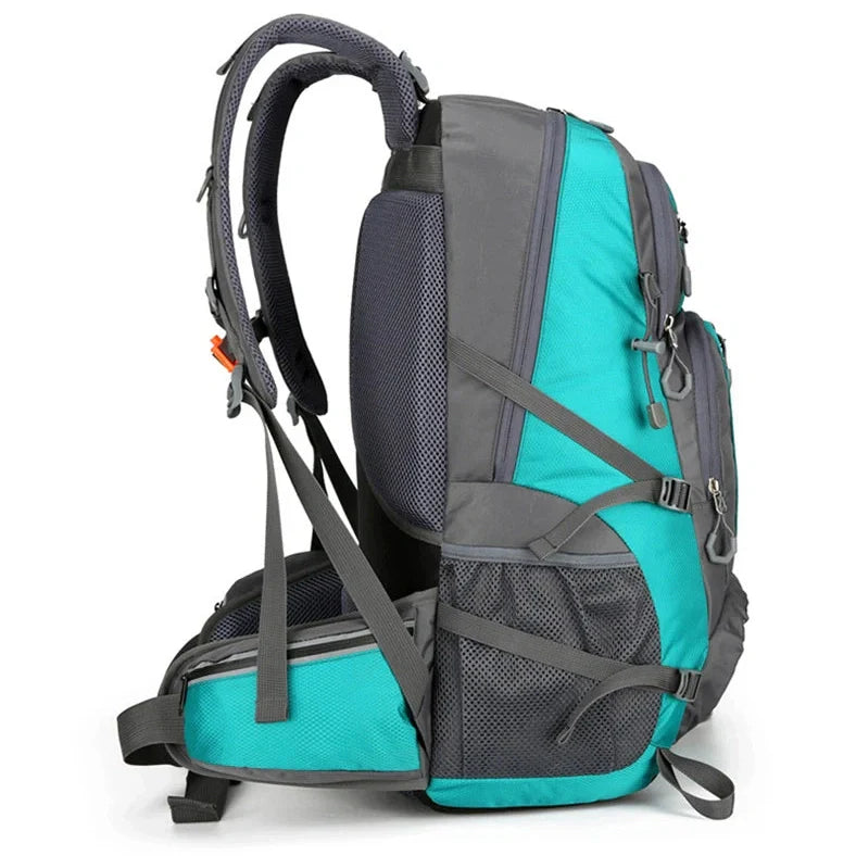 Black 50-litre fishing backpack with multiple compartments and external attachment points for fishing rods