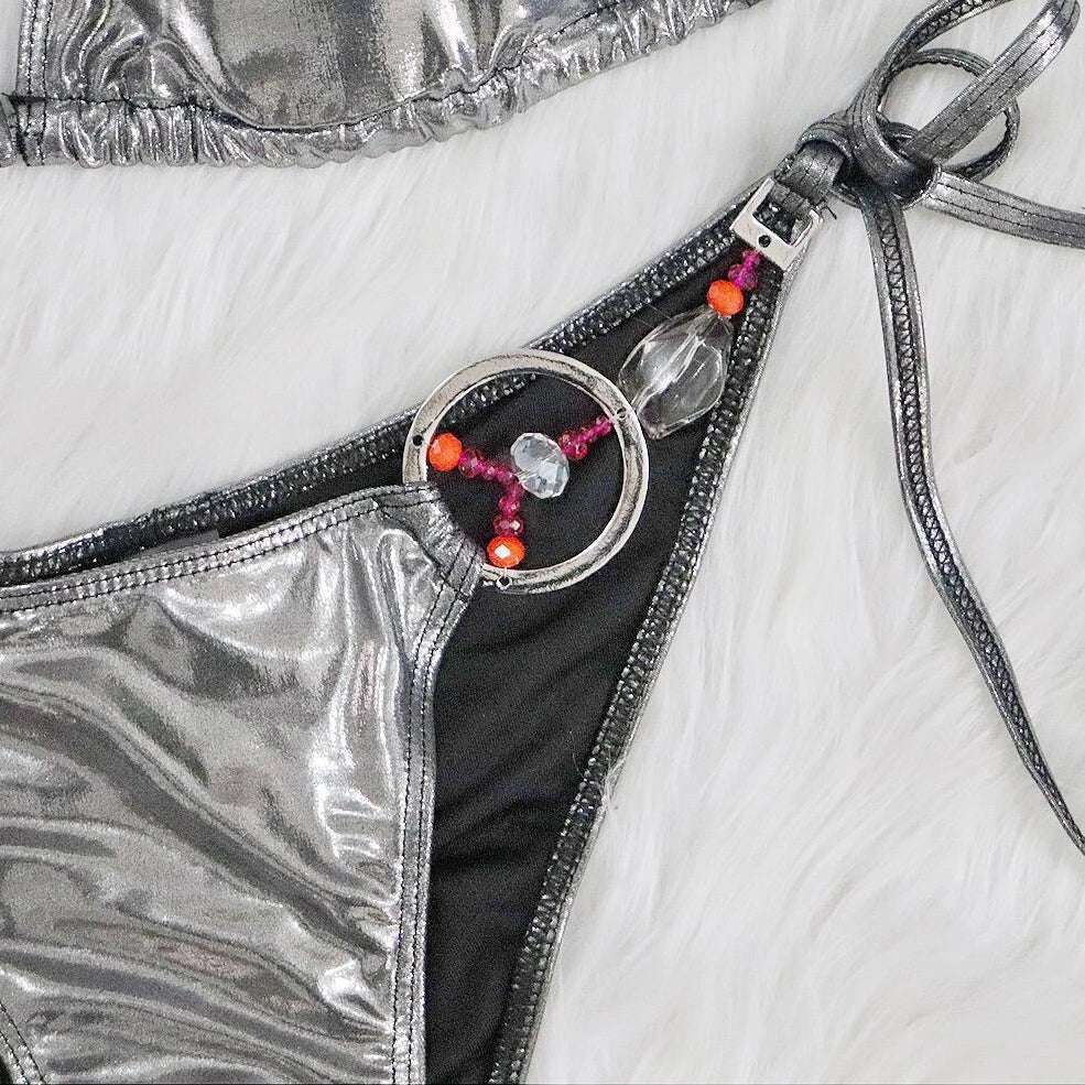 Women's silver bikini with split briefs design showing front view