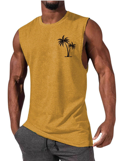 Tropical palm tree embroidered muscle tee in a variety of colors for an active, summer-inspired look