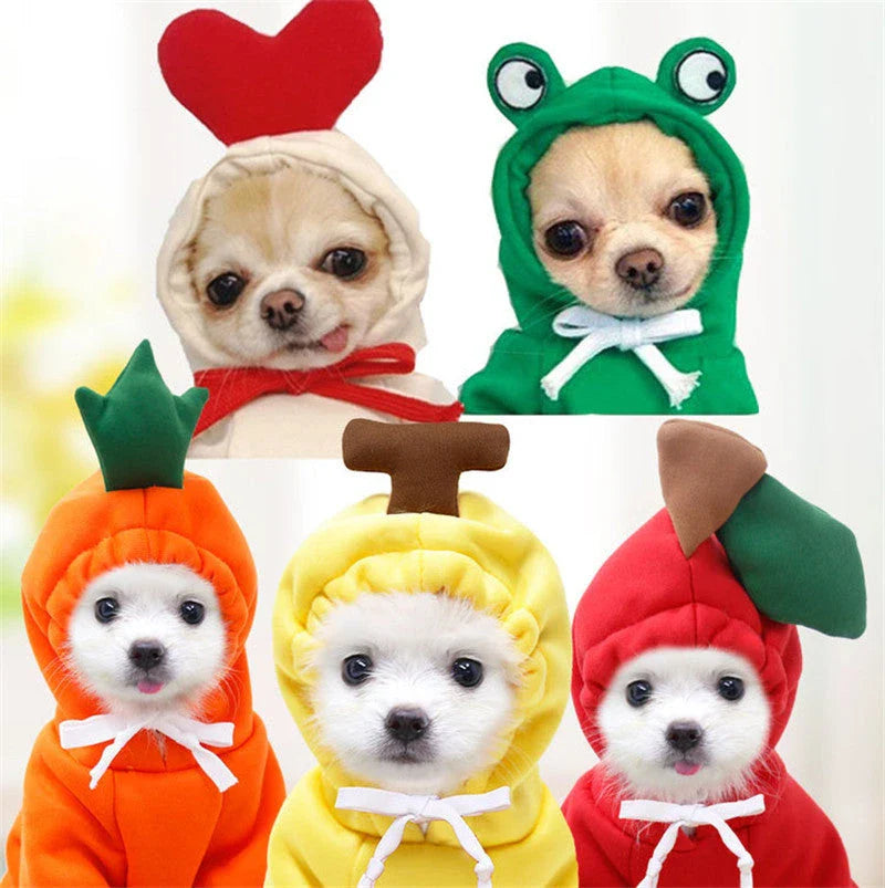 Fruit-themed fleece hoodies for small dogs in various designs and sizes