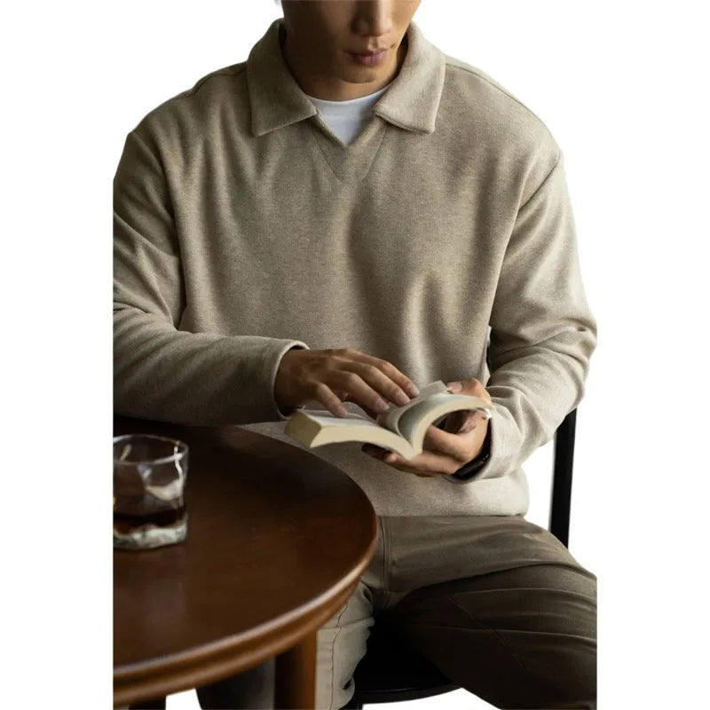Men's woolen drop-shoulder V-neck polo shirt in khaki, long sleeves, casual fit