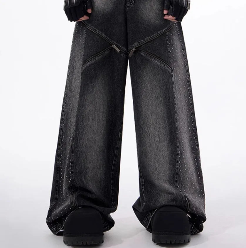 Black and grey washed wide leg pants with matching waistcoat, Korean style cotton denim set