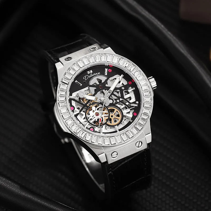 Men's automatic mechanical watch with diamond studs on a hollow dial, shown in a 16mm case.