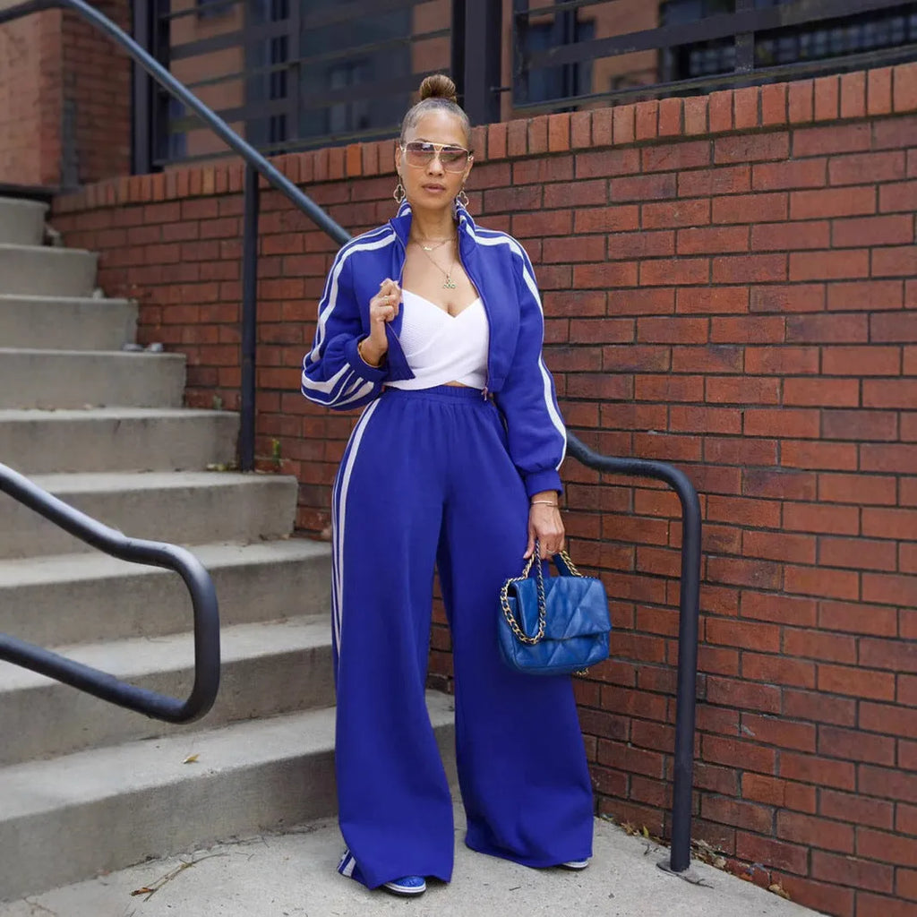 Women's striped sweater and zipper jacket two-piece suit set in polyester fabric