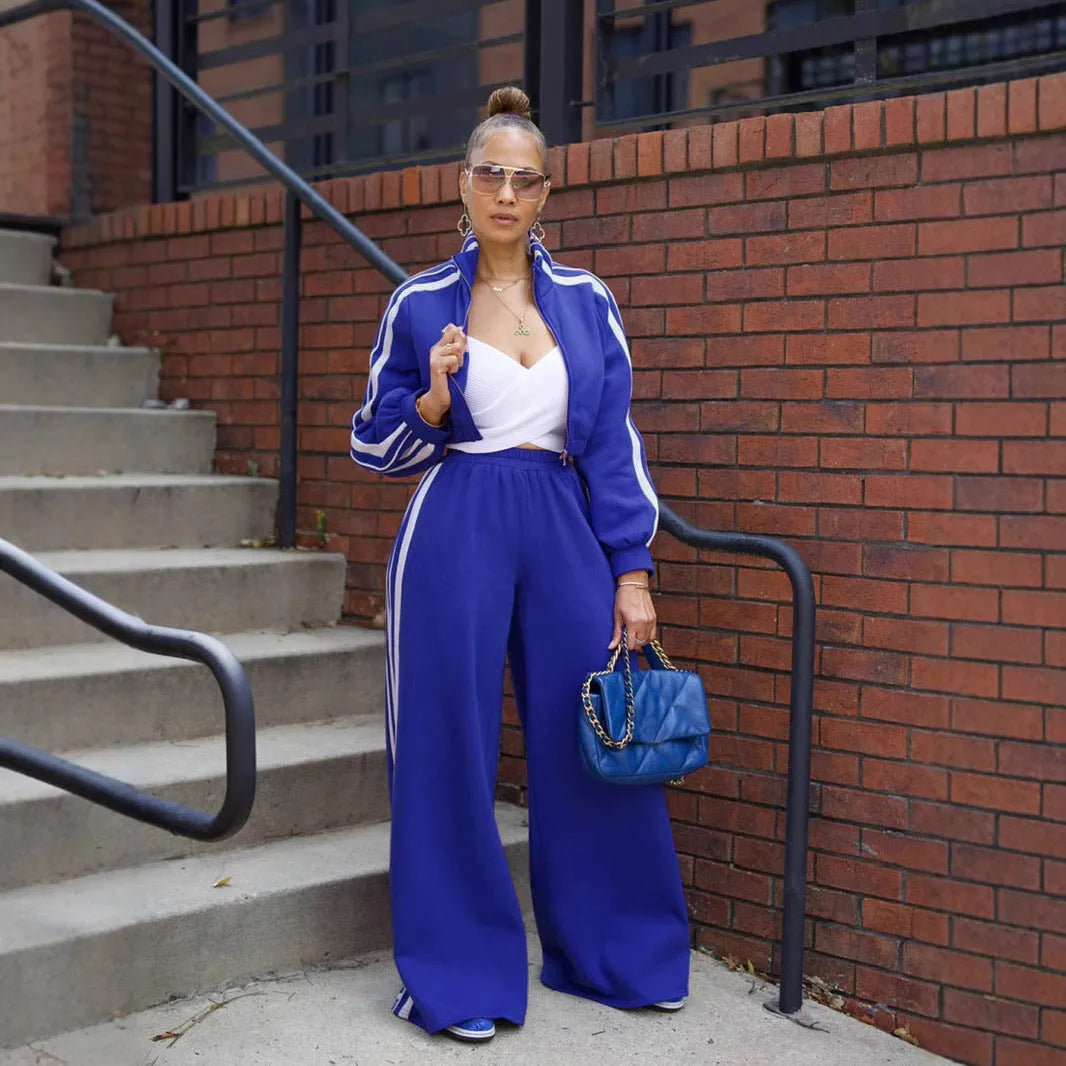 Women's striped sweater and zipper jacket two-piece suit set in polyester fabric