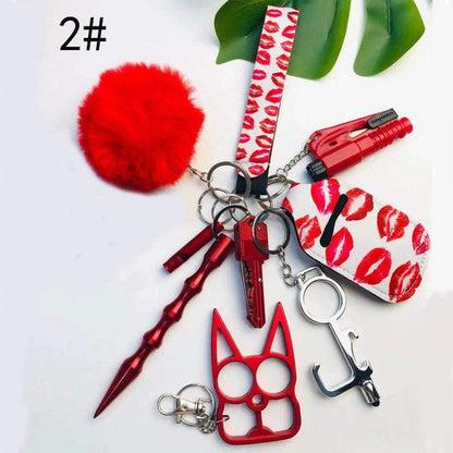 Self-defense keychain set for women with 11 safety tools including alarm, window breaker, and whistle