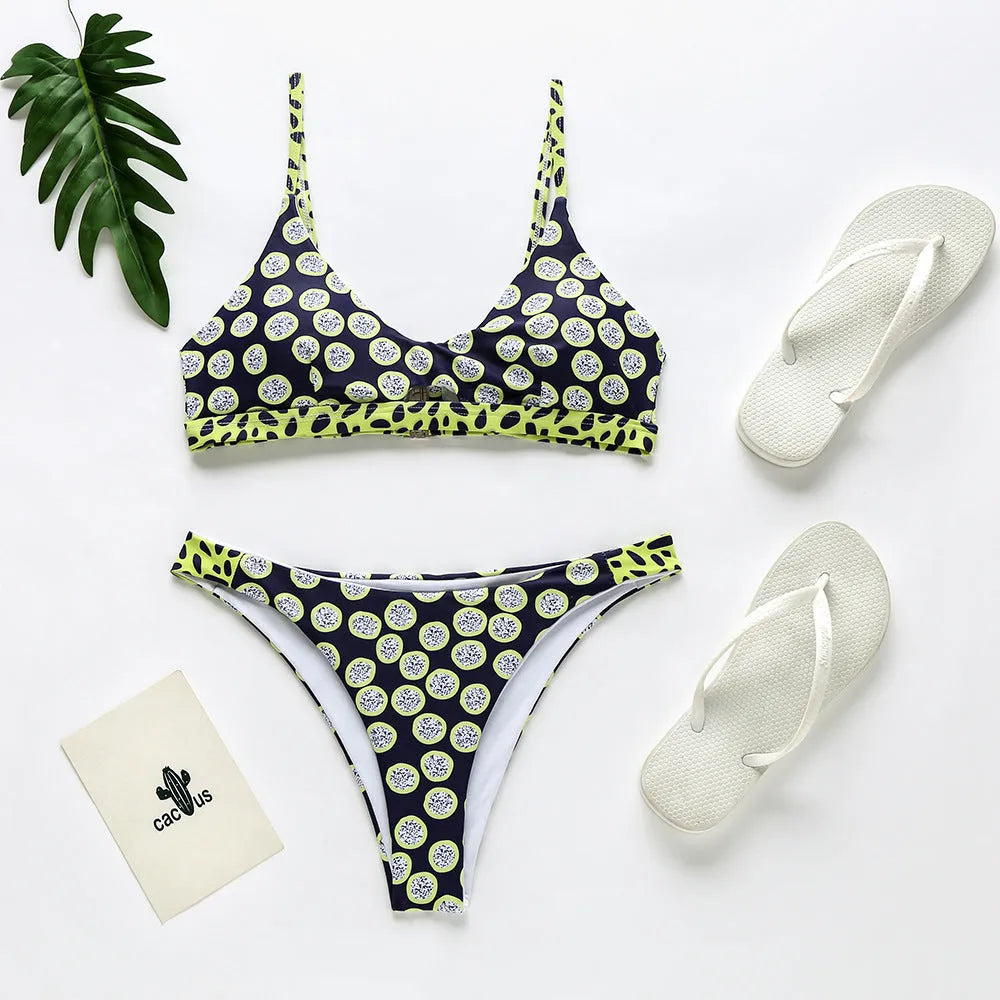 Women's bikini swimsuit in polyester, showing black and white dots and red and white stripes pattern options.