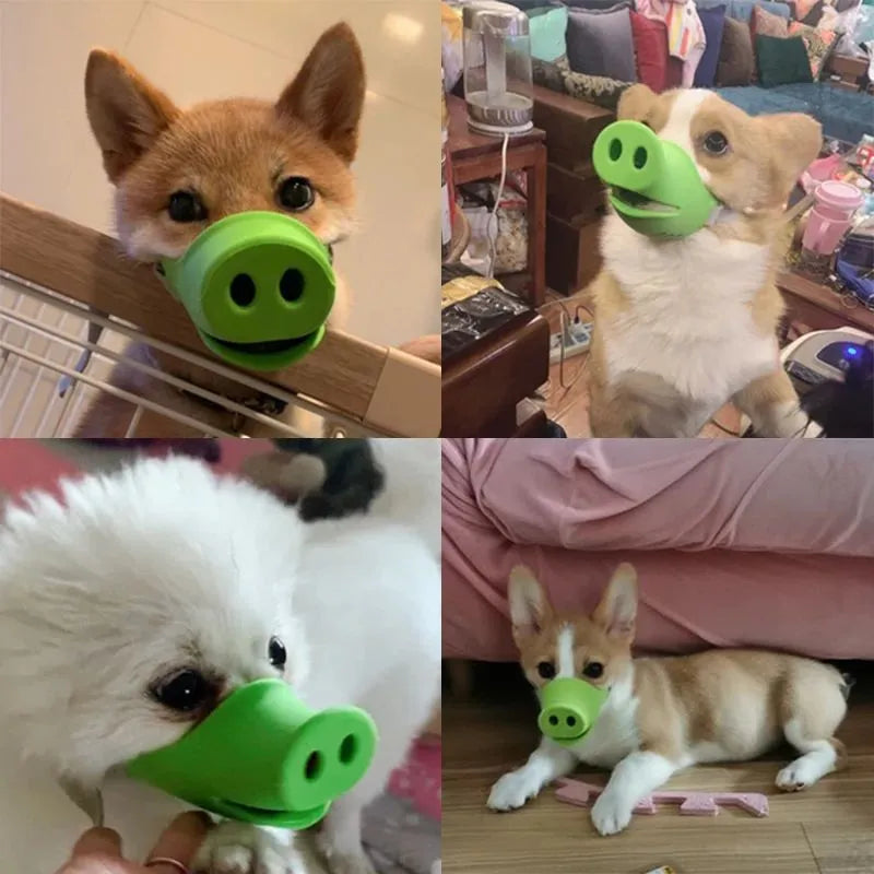Blue silicone dog anti-bite mouth cover showing measurements for large and small sizing options