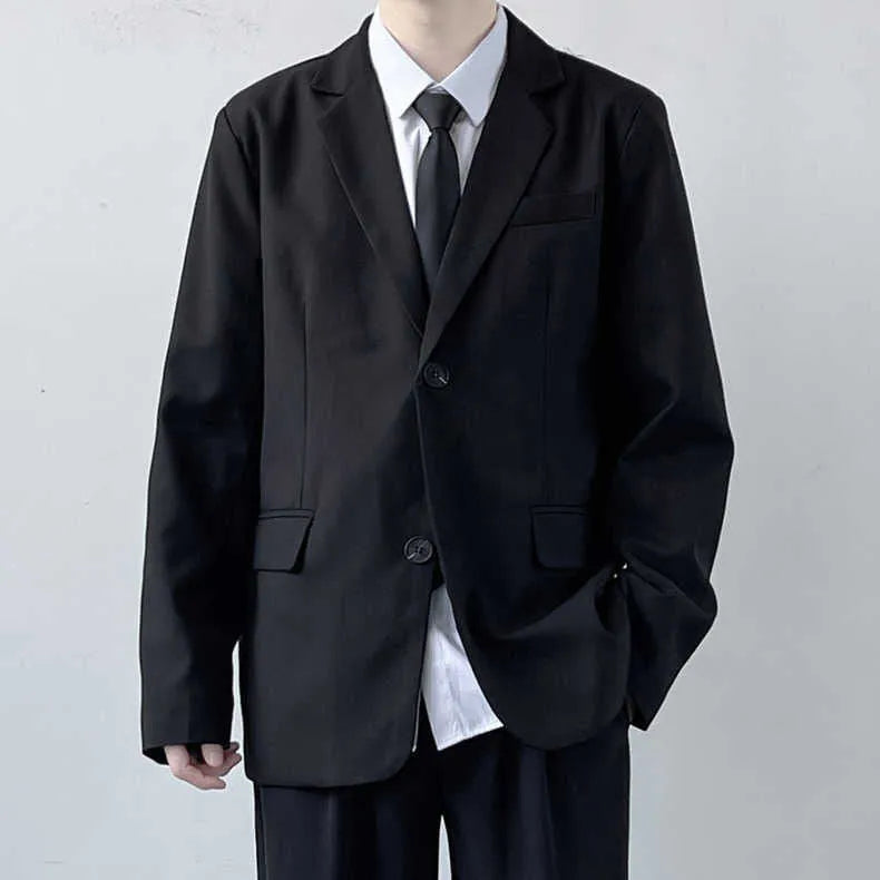 Plus size men's college style blazer and trousers suit set with white shirt and tie on hanger