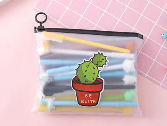 Twenty colourful cartoon cactus pens with Marvel designs in plastic storage case