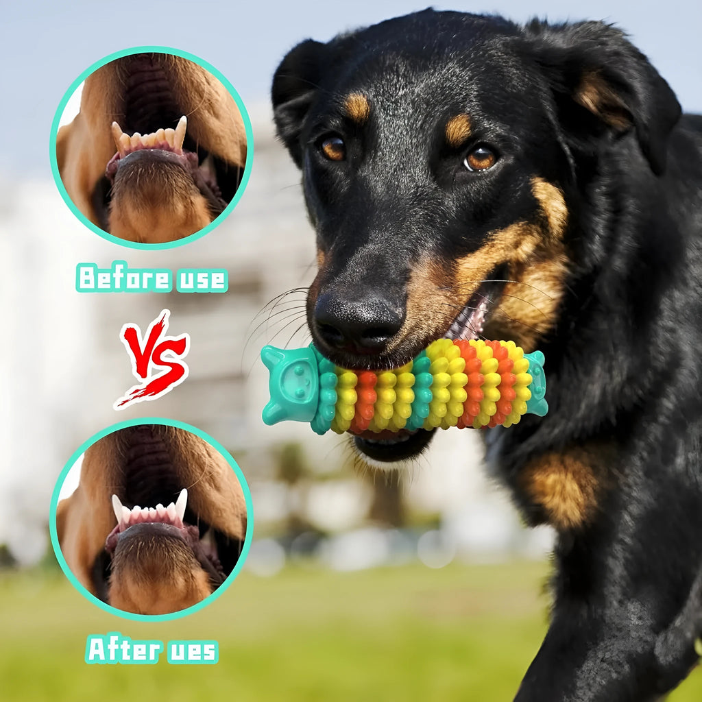 Blue caterpillar-shaped rubber dog chew toy for aggressive chewers.