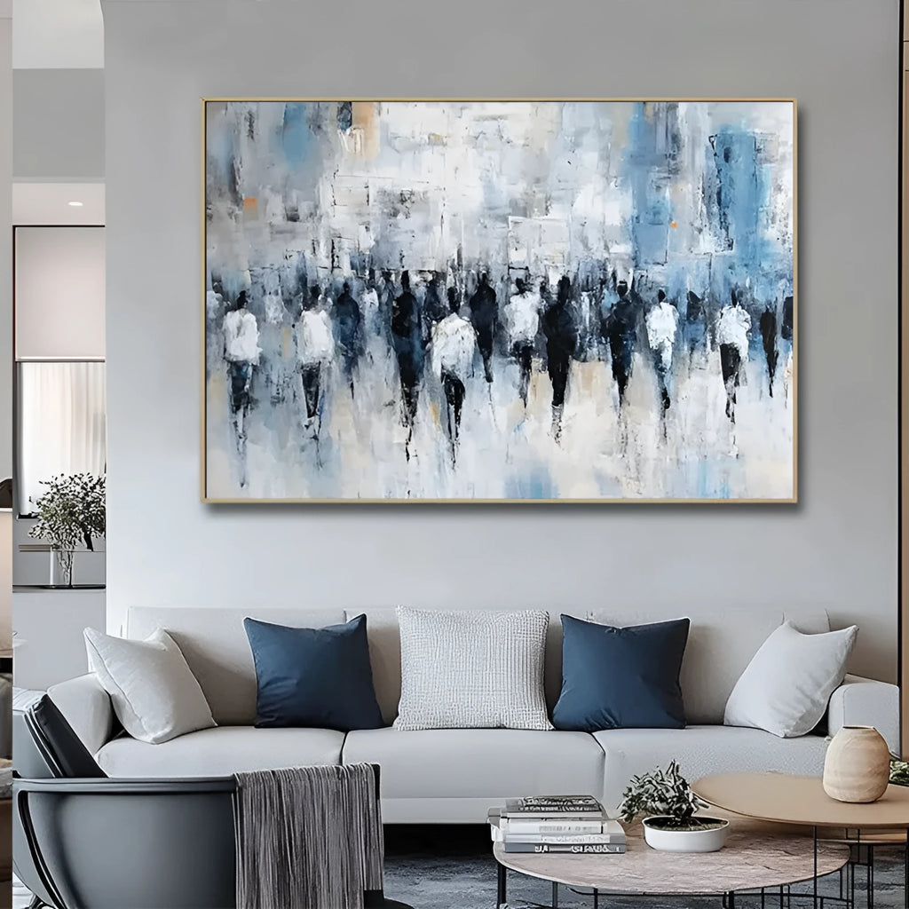 Hand-painted abstract street people oil painting on canvas, horizontal modern design, rolled frameless, multiple sizes available