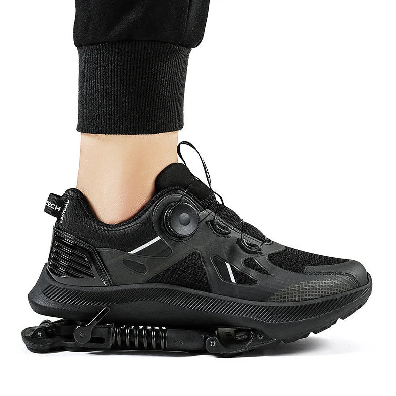 Black mechanical power running shoes with mesh upper and rubber sole showing buckle closure system