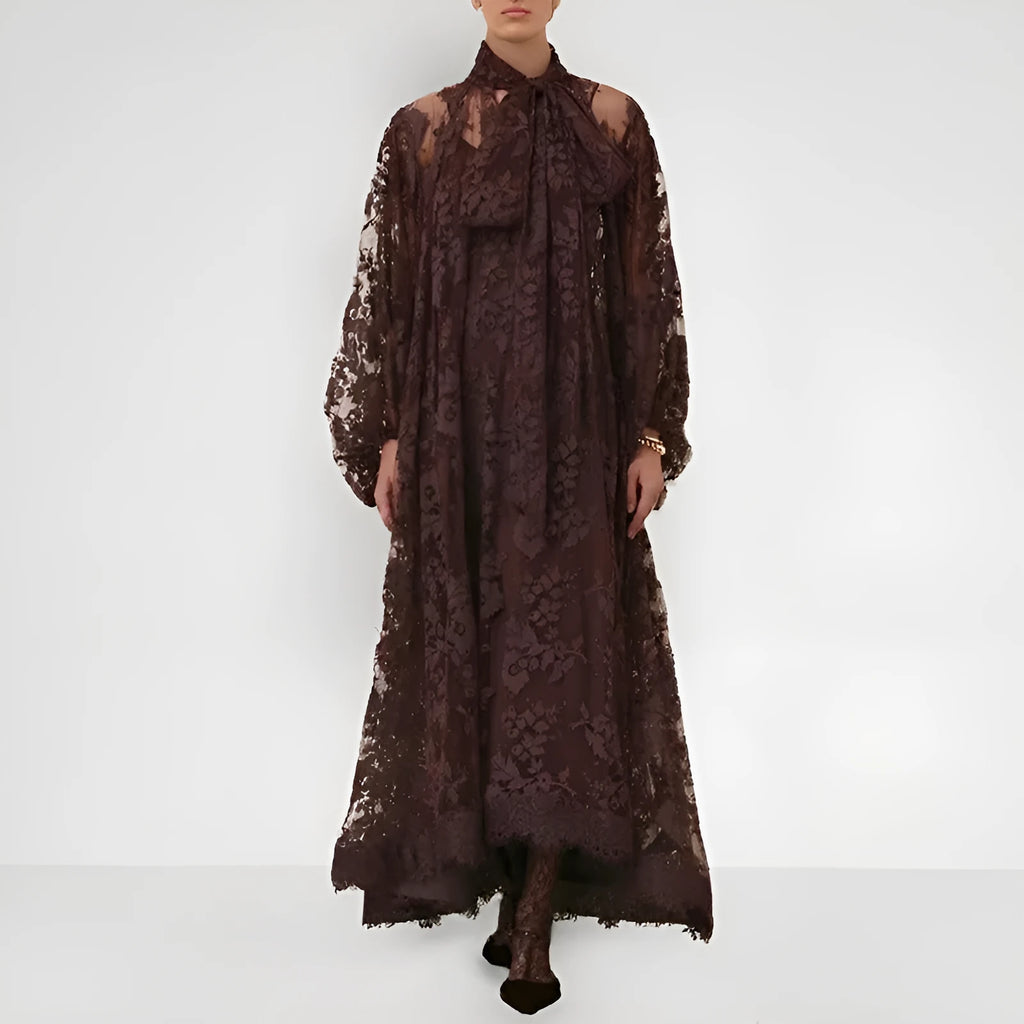 Hollow jacquard sling lace see-through loose A-line dress with ribbon in brown polyester