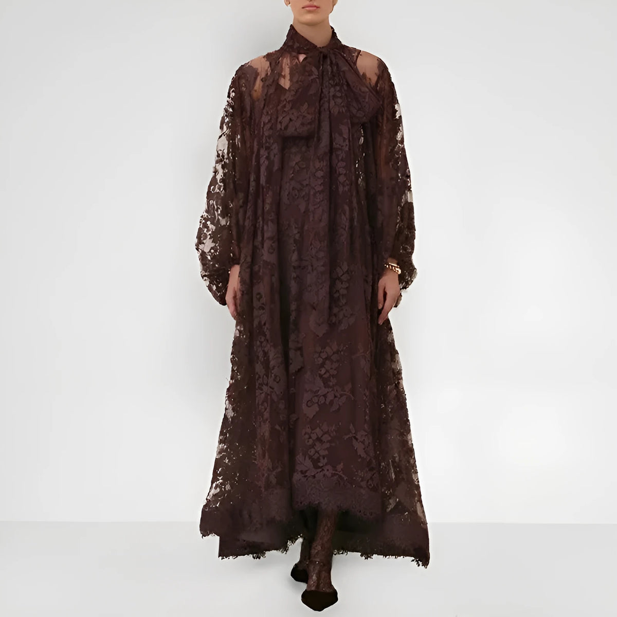 Hollow jacquard sling lace see-through loose A-line dress with ribbon in brown polyester