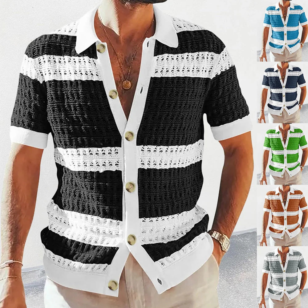Men's summer knitted polo neck short sleeve cardigan in breathable polyester