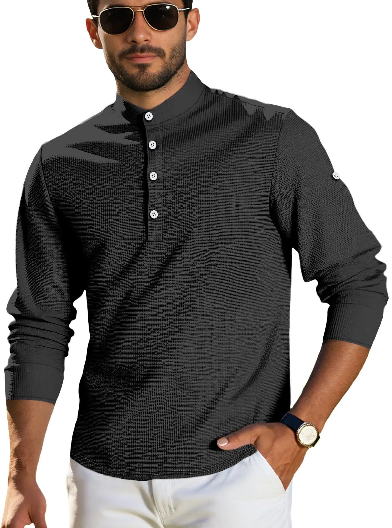 Men's grid pattern polyester long-sleeved casual cardigan in loose fit, shown in one of six available colours.