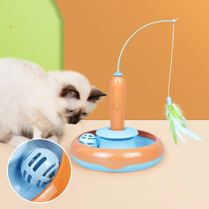 Interactive 2-in-1 cat toy with feather and turntable for self-play, safe and durable design