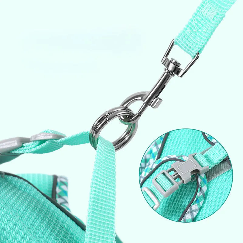 No-pull step in dog harness with breathable mesh and reflective strips, includes 1.2m leash, on a small dog