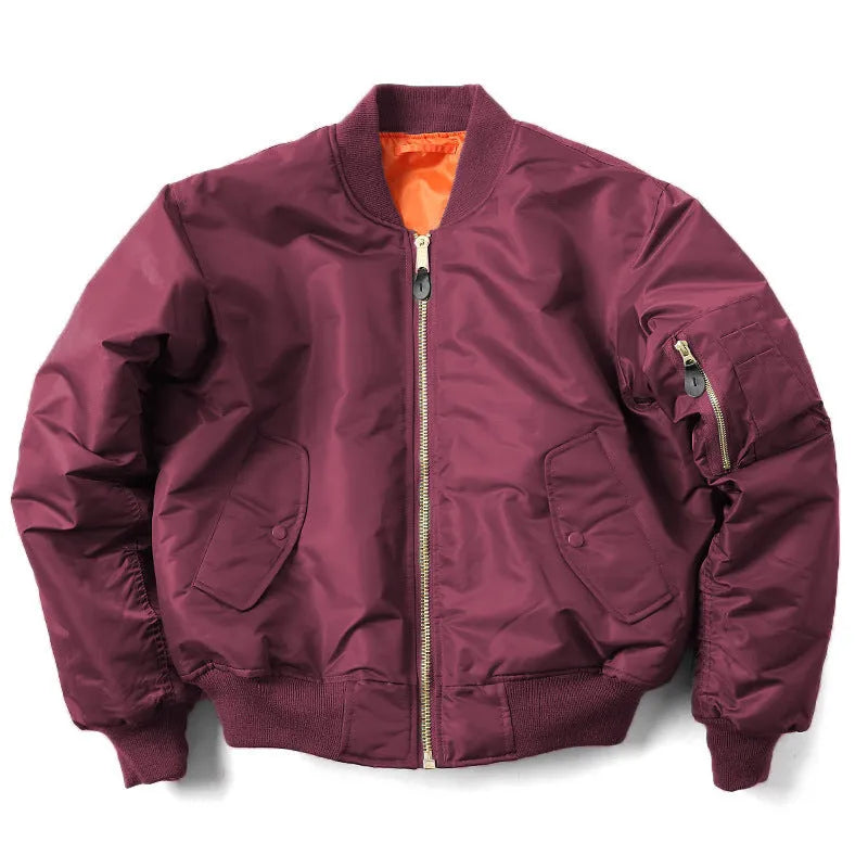 Men's loose fit nylon pilot jacket in Army Green shown on a hanger.