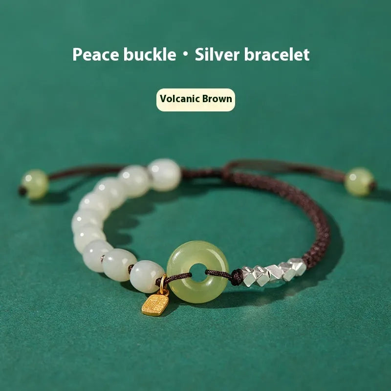Woven Hetian jade bracelet with safety buckle in flower shape with chamfered square grain pattern