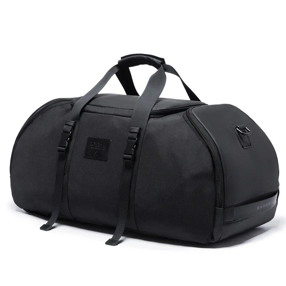 Black Oxford cloth outdoor travel backpack with letters pattern and three shoulder straps