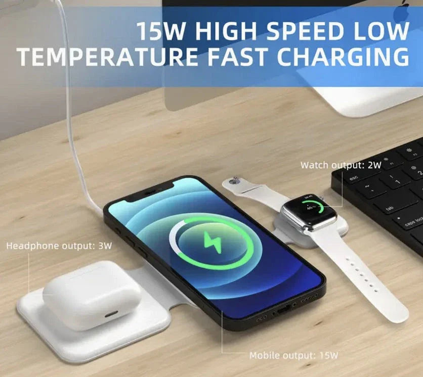 Foldable 3-in-1 wireless charging station with 15W fast charging for smartphones, smartwatches, and wireless earbuds