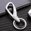 Zinc alloy double ring keychain for car keys in Black, Chrome, or Nickel colour, shown at 8.3x3.5cm size.
