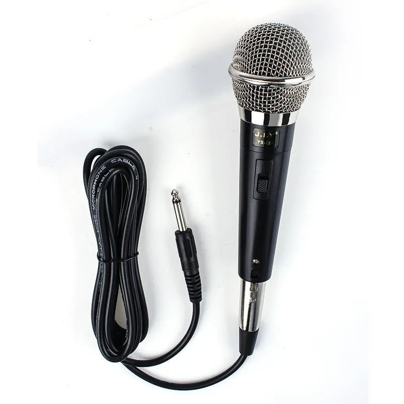 Black wired moving coil sound card live microphone with 3-metre thread cable on a table
