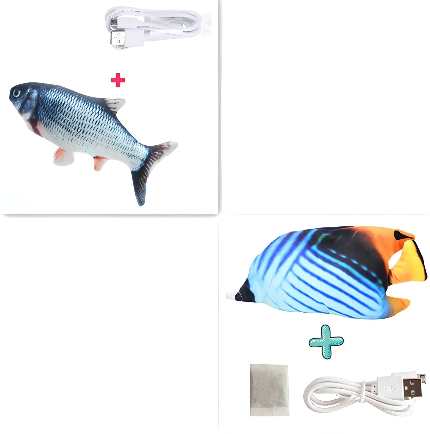 Electric flopping fish cat toy in clownfish design, 30cm long, USB rechargeable with touch sensor for play activation
