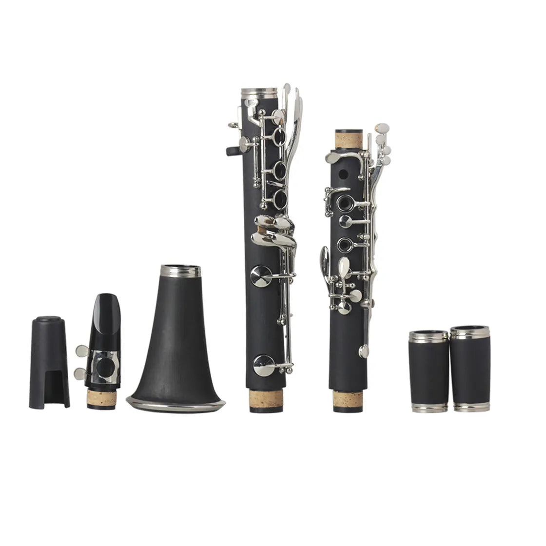 Black Bakelite clarinet with nickel-plated keys showing 67cm length and included carry bag