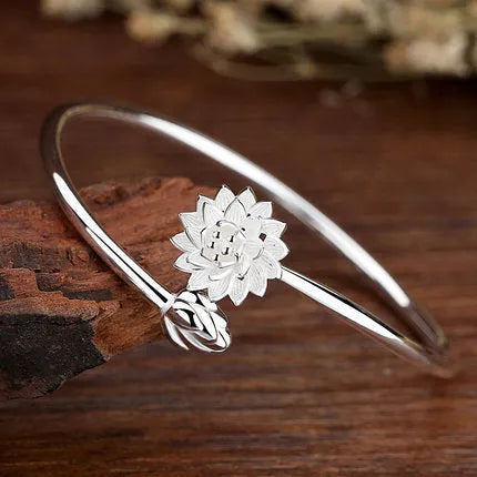 Snow Lotus silver bracelet for women, copper electroplated open style with lotus motif, Korean fashion jewellery