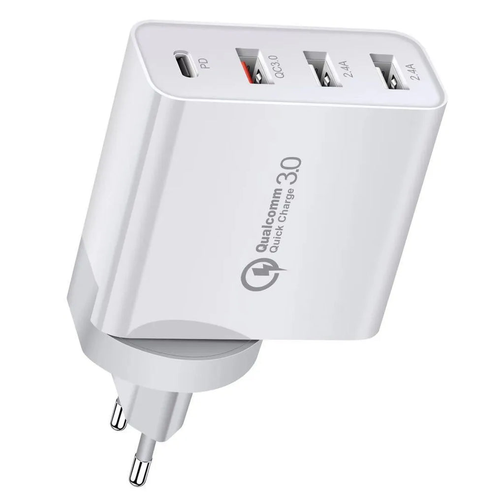 White USB fast wall charger with multiple ports and international plug adapters.