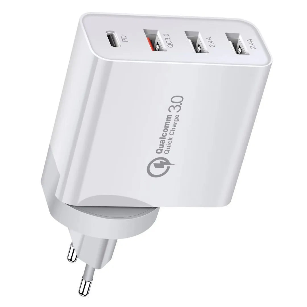 White USB fast wall charger with multiple ports and international plug adapters.