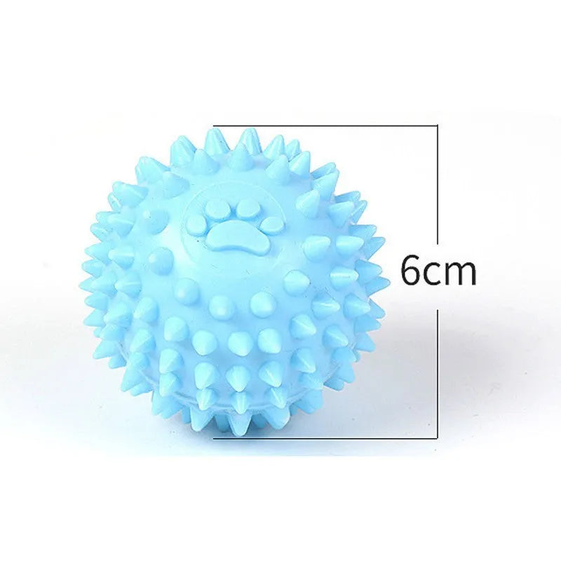 Blue TPR rubber pet chew ball with textured footprint design for teeth cleaning