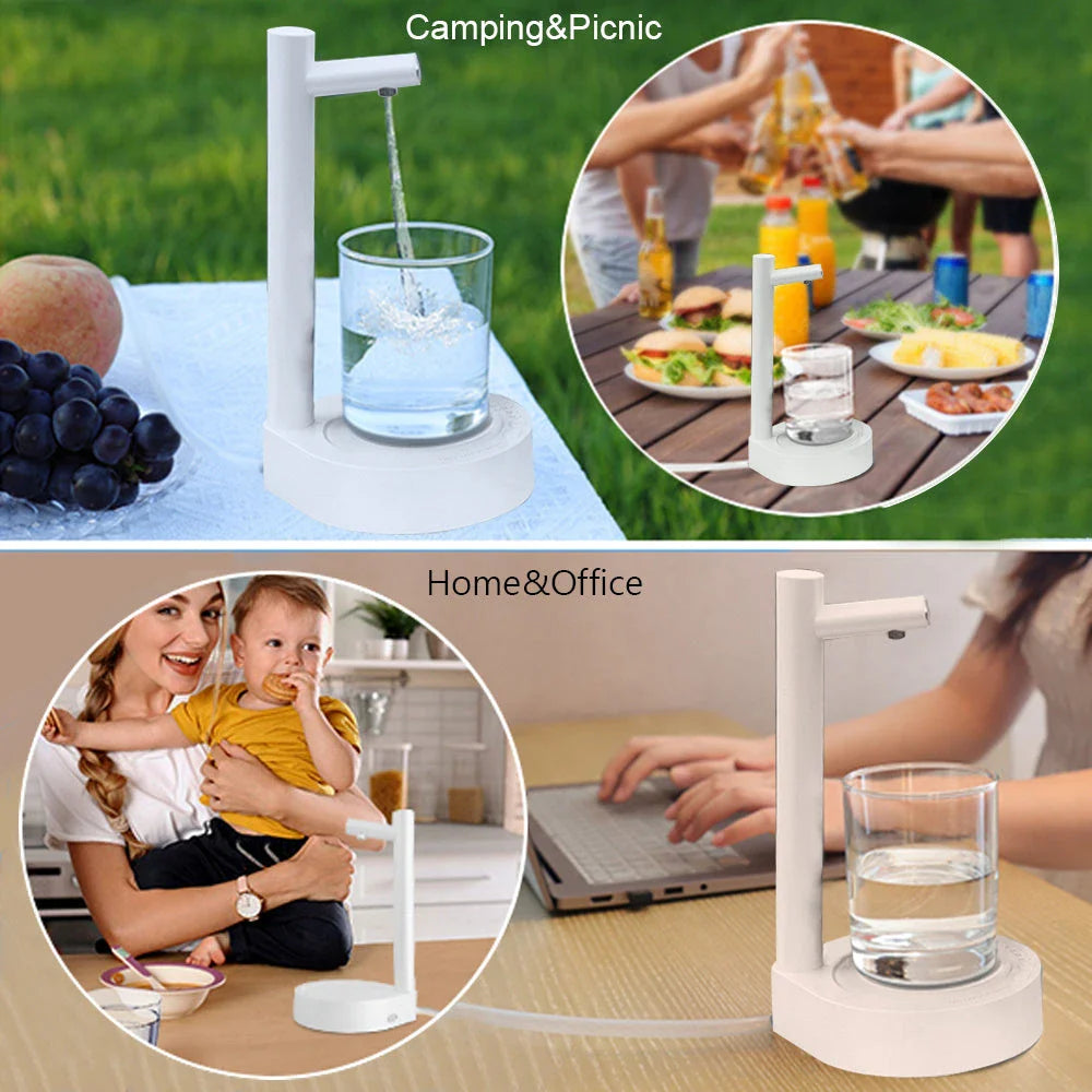 Sleek and efficient desk water dispenser with automatic bottle refilling and rechargeable USB power