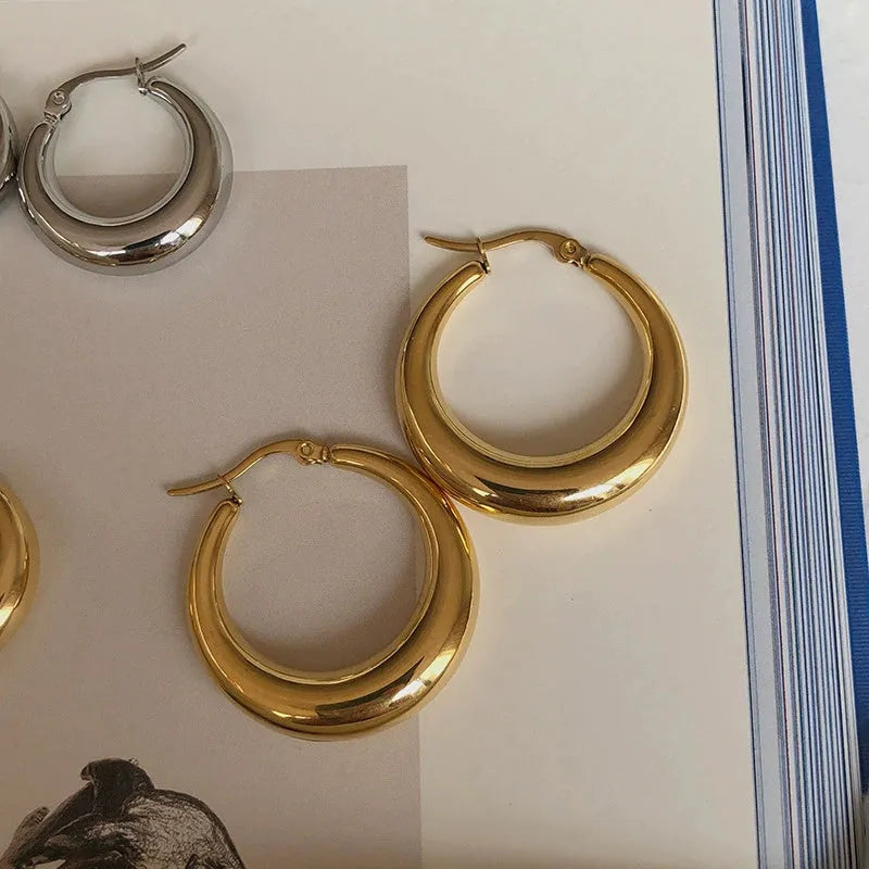 Metal circle hoop earrings for women, silver needle, electroplated gold finish, 40mm outer diameter