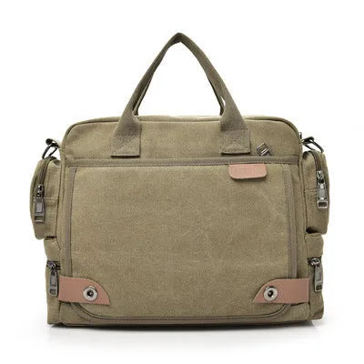 Multi-compartment canvas shoulder bag for men with zipper closure in khaki colour