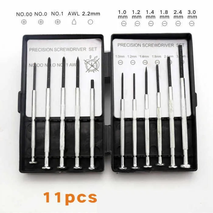 TH-6177 11-piece clock screwdriver set with cross-head and flat-head drivers on a workbench.