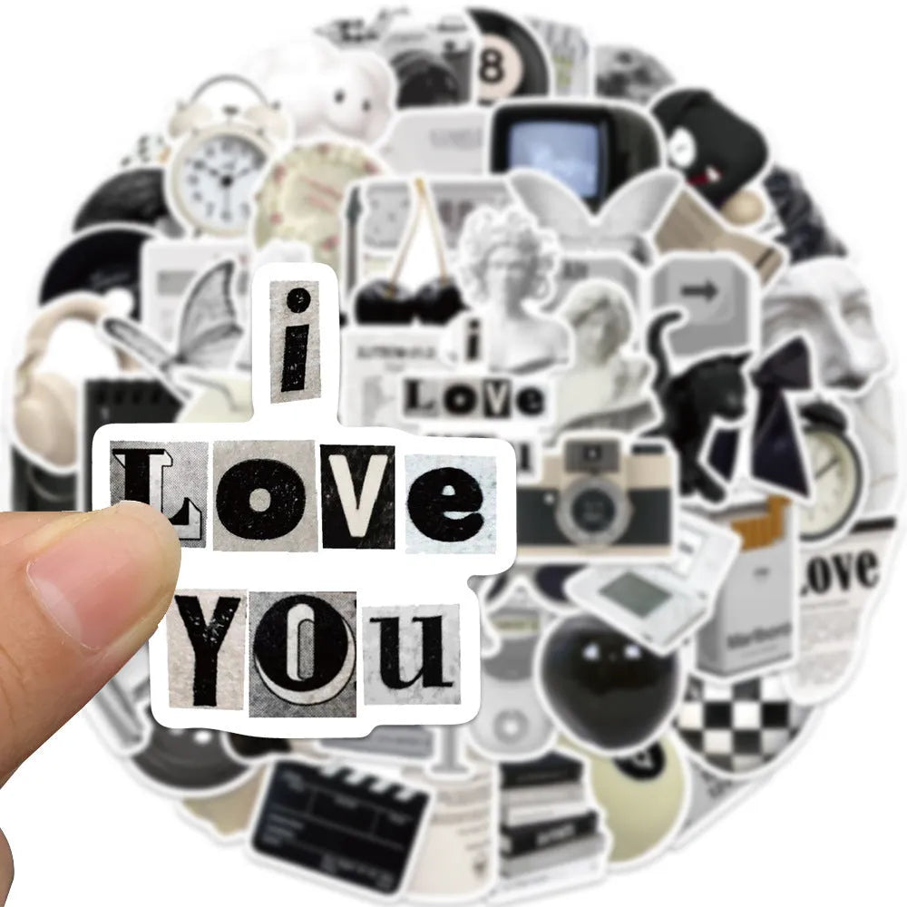 61 black and white waterproof PVC vinyl stickers for laptop and drink bottle personalisation.