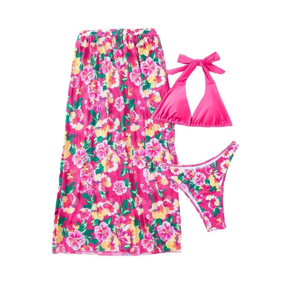 Sexy high slit three-piece printed swimsuit set for women in floral pattern, Lake Green colour